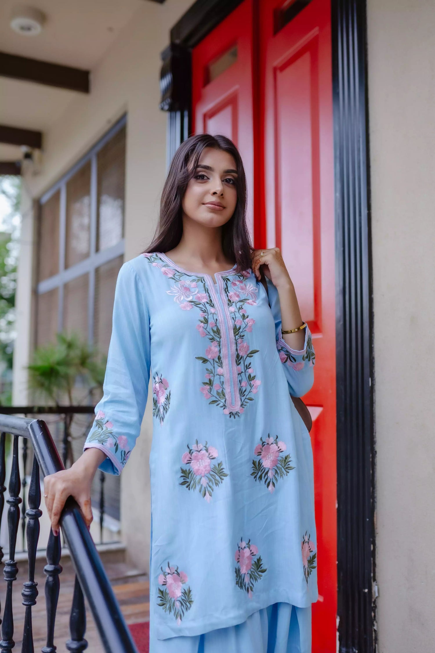 Sky blue Farshi shalwar kameez with hand embroidery 