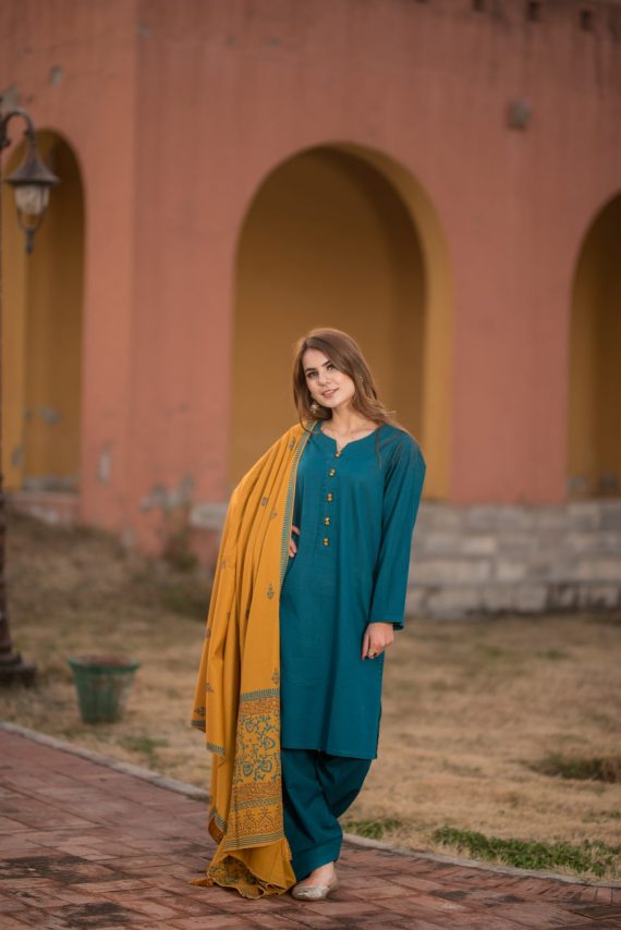 KD-02 Aqua Blue suit with Mustard Shawl