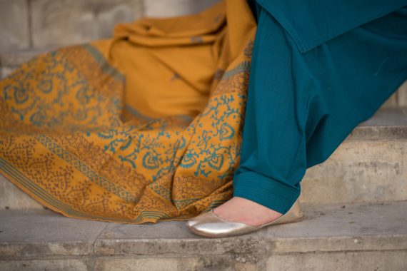 KD-02 Aqua Blue suit with Mustard Shawl