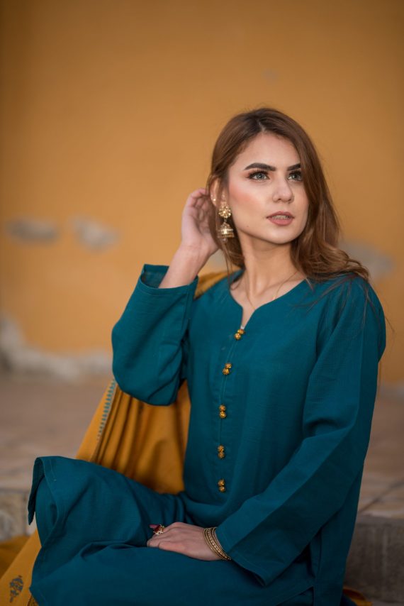 KD-02 Aqua Blue suit with Mustard Shawl