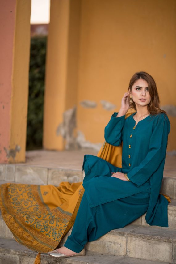 KD-02 Aqua Blue suit with Mustard Shawl