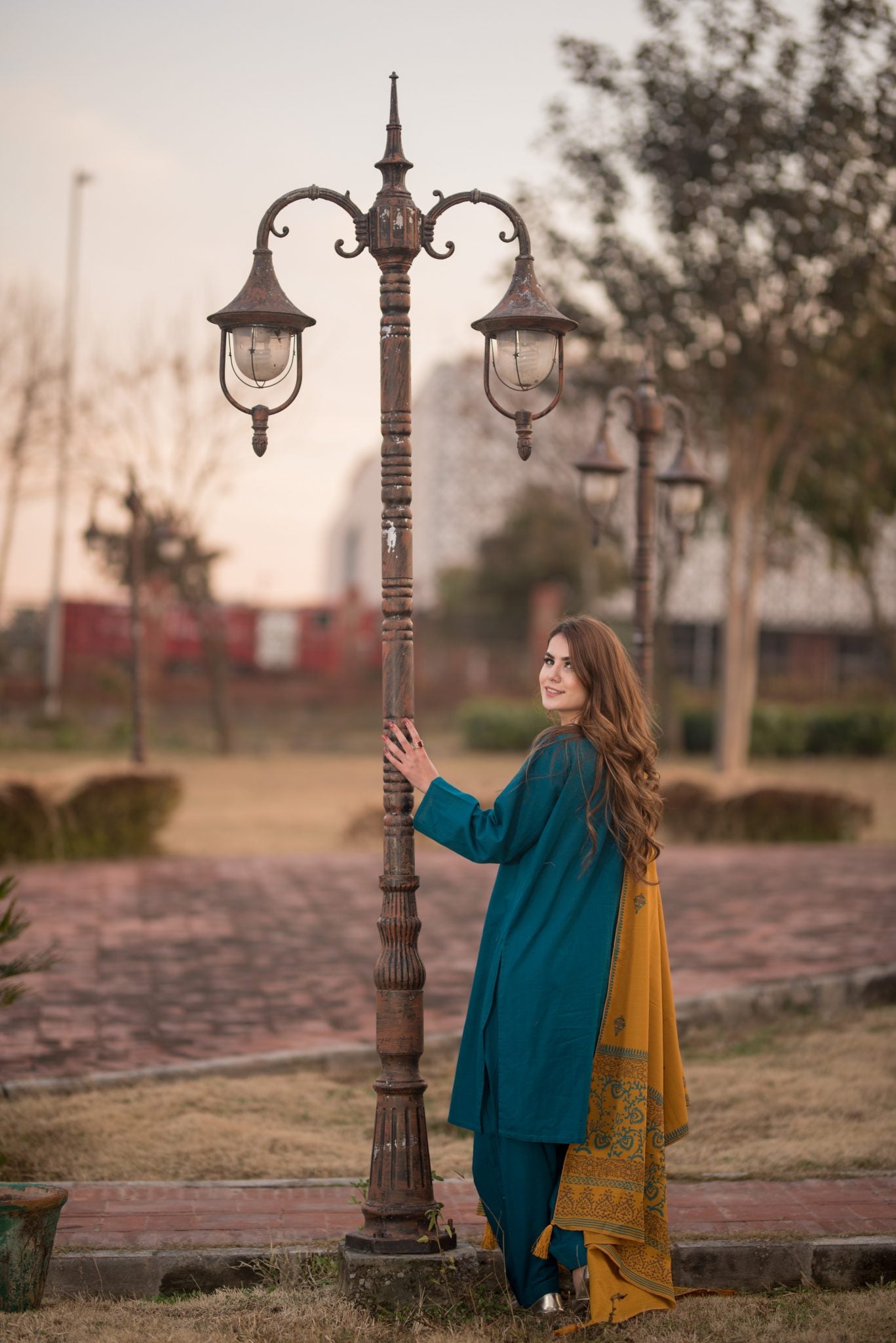 KD-02 Aqua Blue suit with Mustard Shawl