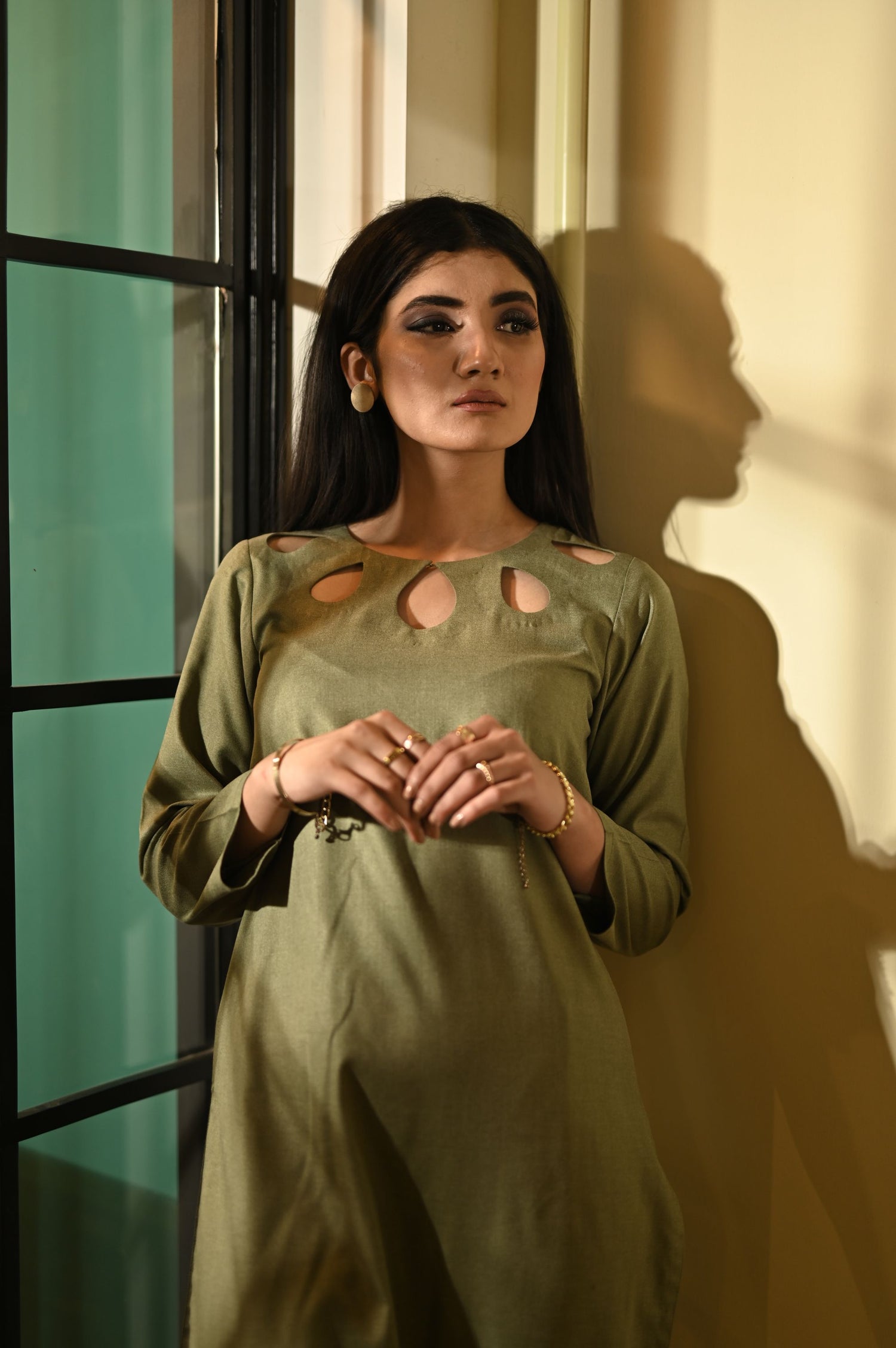 SD-12 Olive Green Matching separate with cut work neckline