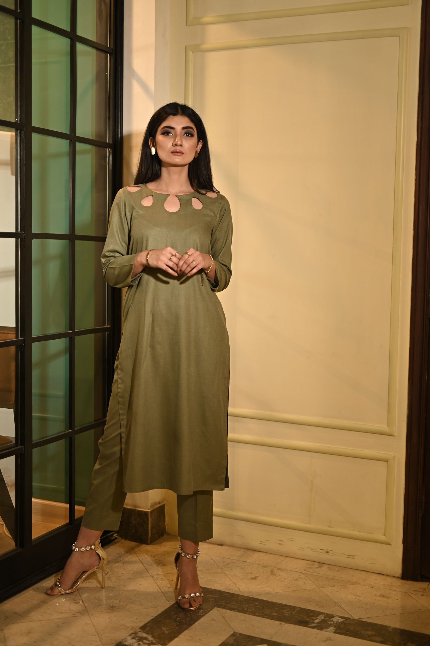 SD-12 Olive Green Matching separate with cut work neckline