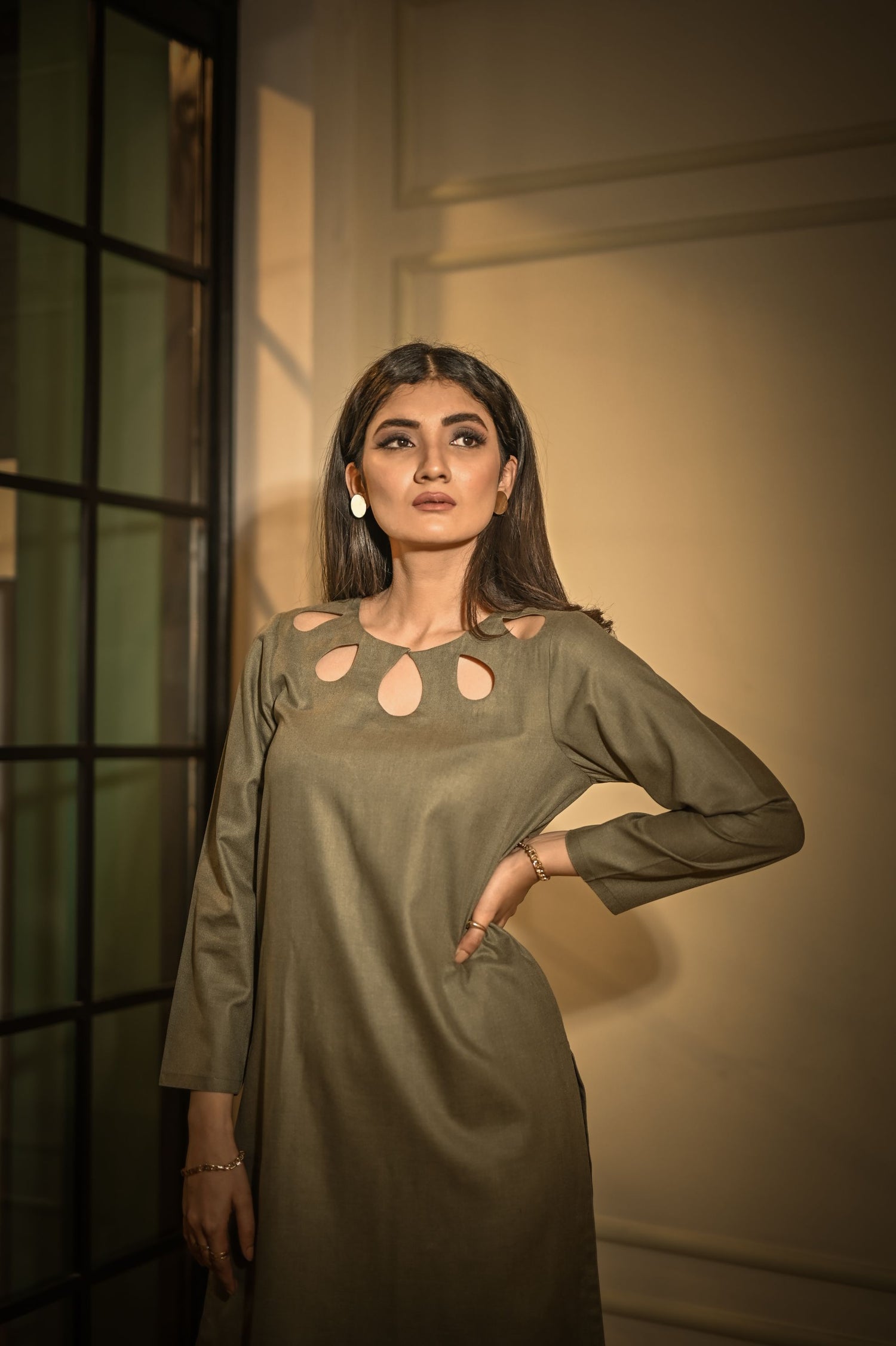 SD-12 Olive Green Matching separate with cut work neckline
