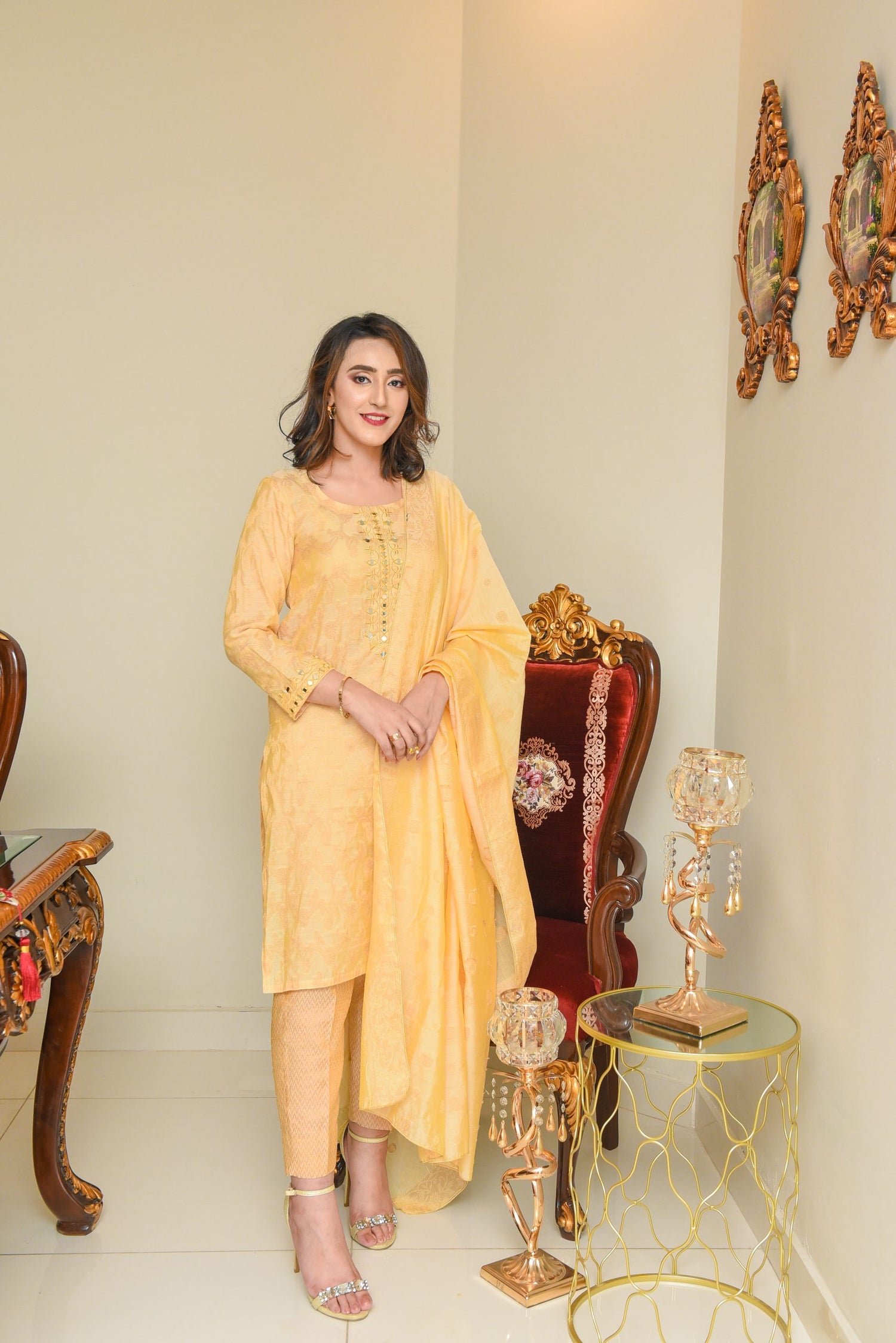 LUX-09 Beige Gold sheesha work Jacquard 3pc