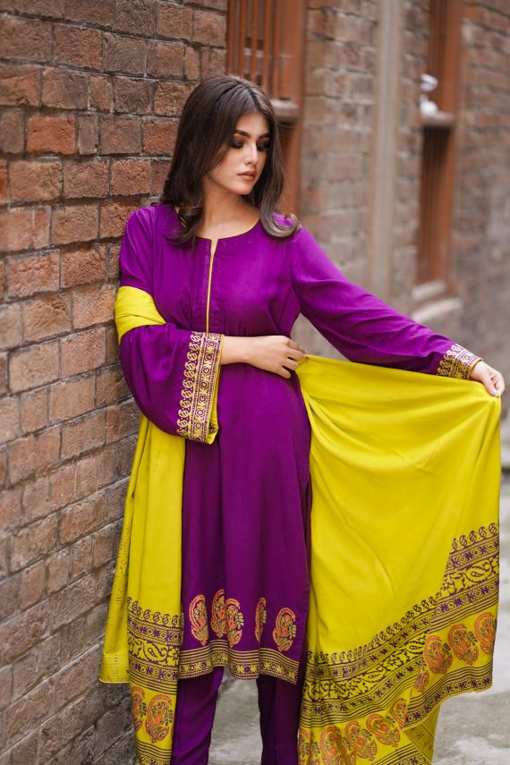 JA-04 Purple Suit with Parrot green shawl