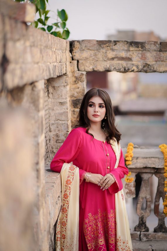 JA-05 Hot Pink suit with Cream Shawl