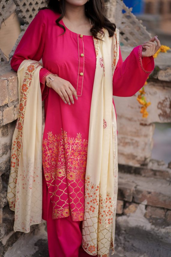 JA-05 Hot Pink suit with Cream Shawl