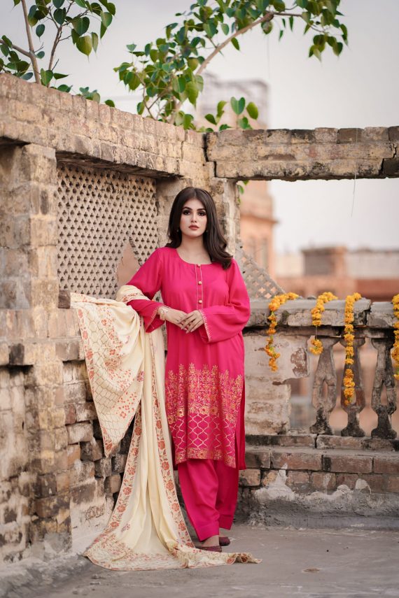 pink dress with shawl JA-05 Hot Pink suit with Cream Shawl