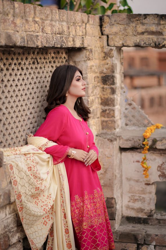 JA-05 Hot Pink suit with Cream Shawl