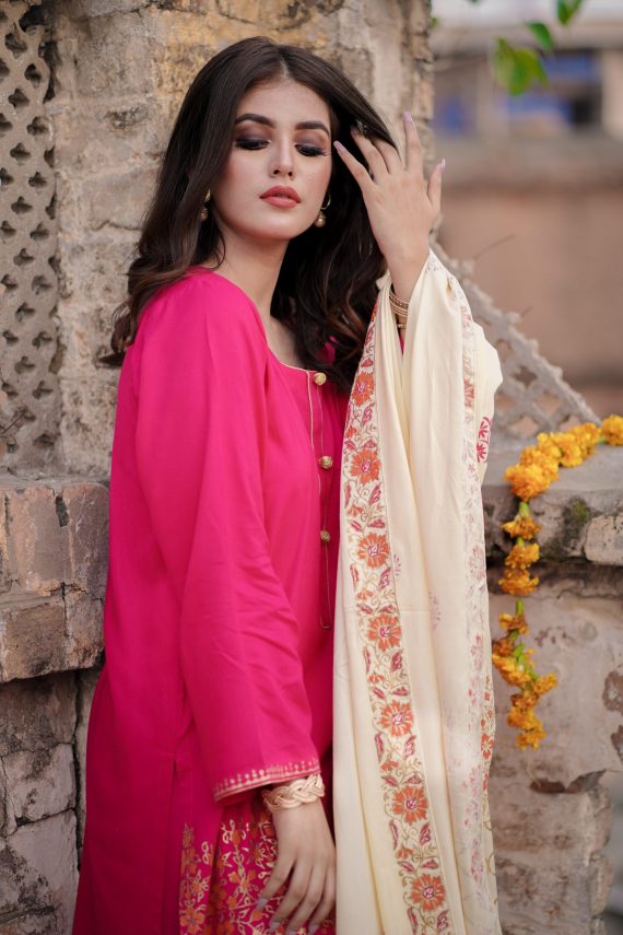 JA-05 Hot Pink suit with Cream Shawl