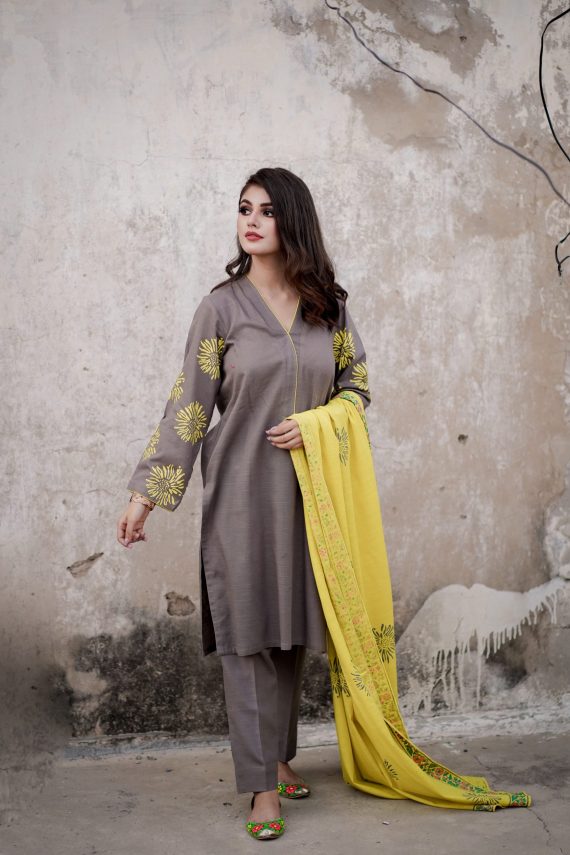 JA-03 Gray suit with Lime yellow Shawl (Unstitch)
