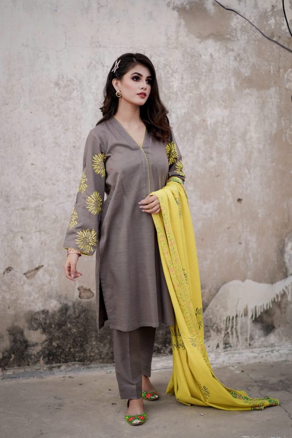 JA-03 Gray suit with Lime yellow Shawl (Unstitch)