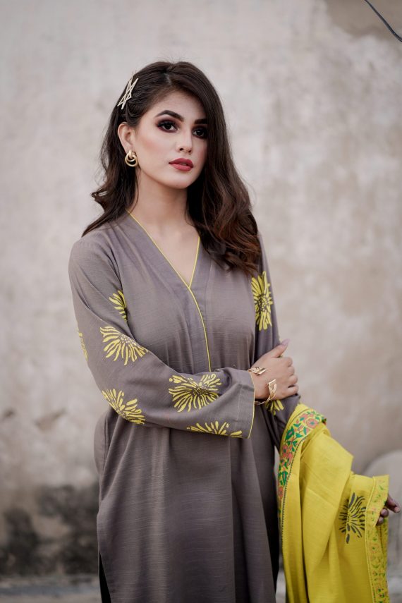 JA-03 Gray suit with Lime yellow Shawl (Unstitch)