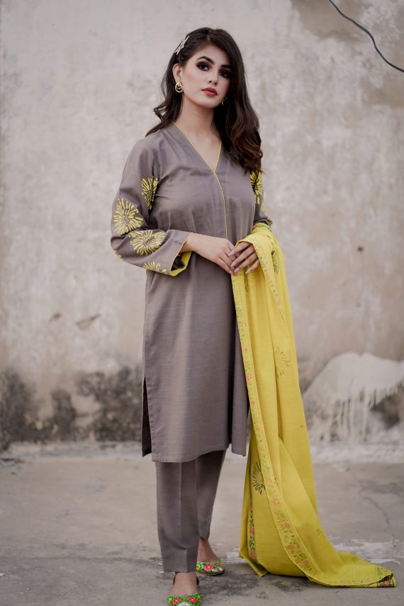 JA-03 Gray suit with Lime yellow Shawl (Unstitch)