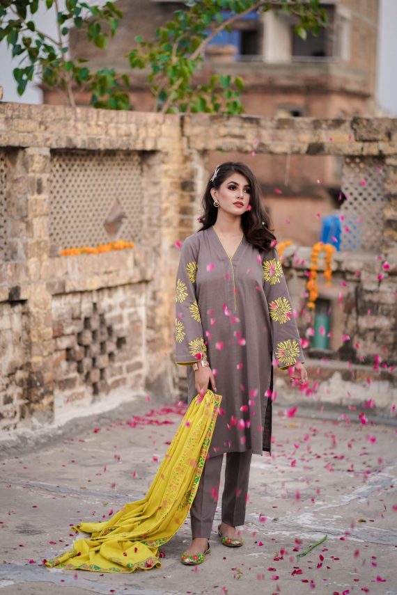 JA-03 Gray suit with Lime yellow Shawl (Unstitch)