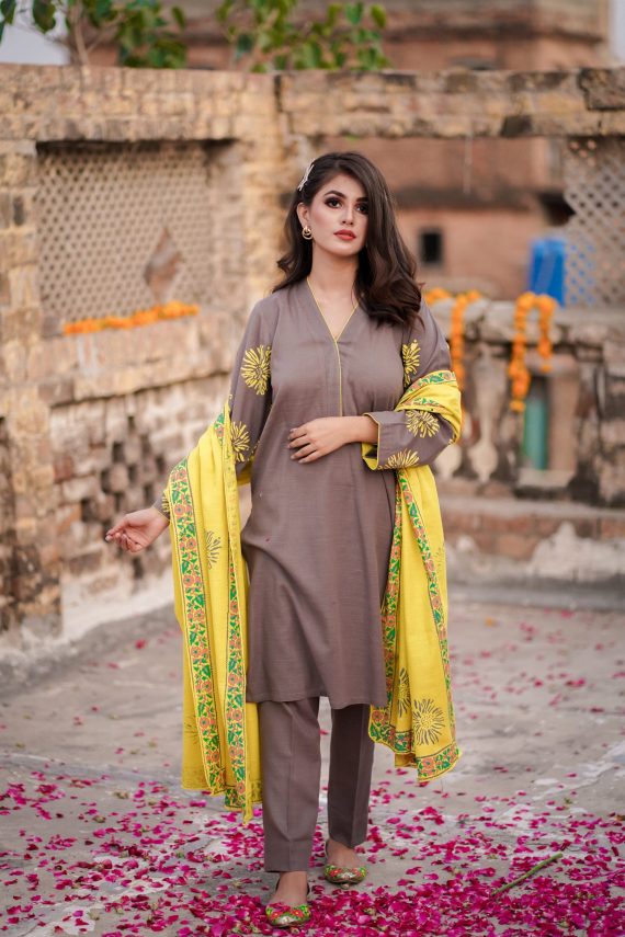 JA-03 Gray suit with Lime yellow Shawl (Unstitch)