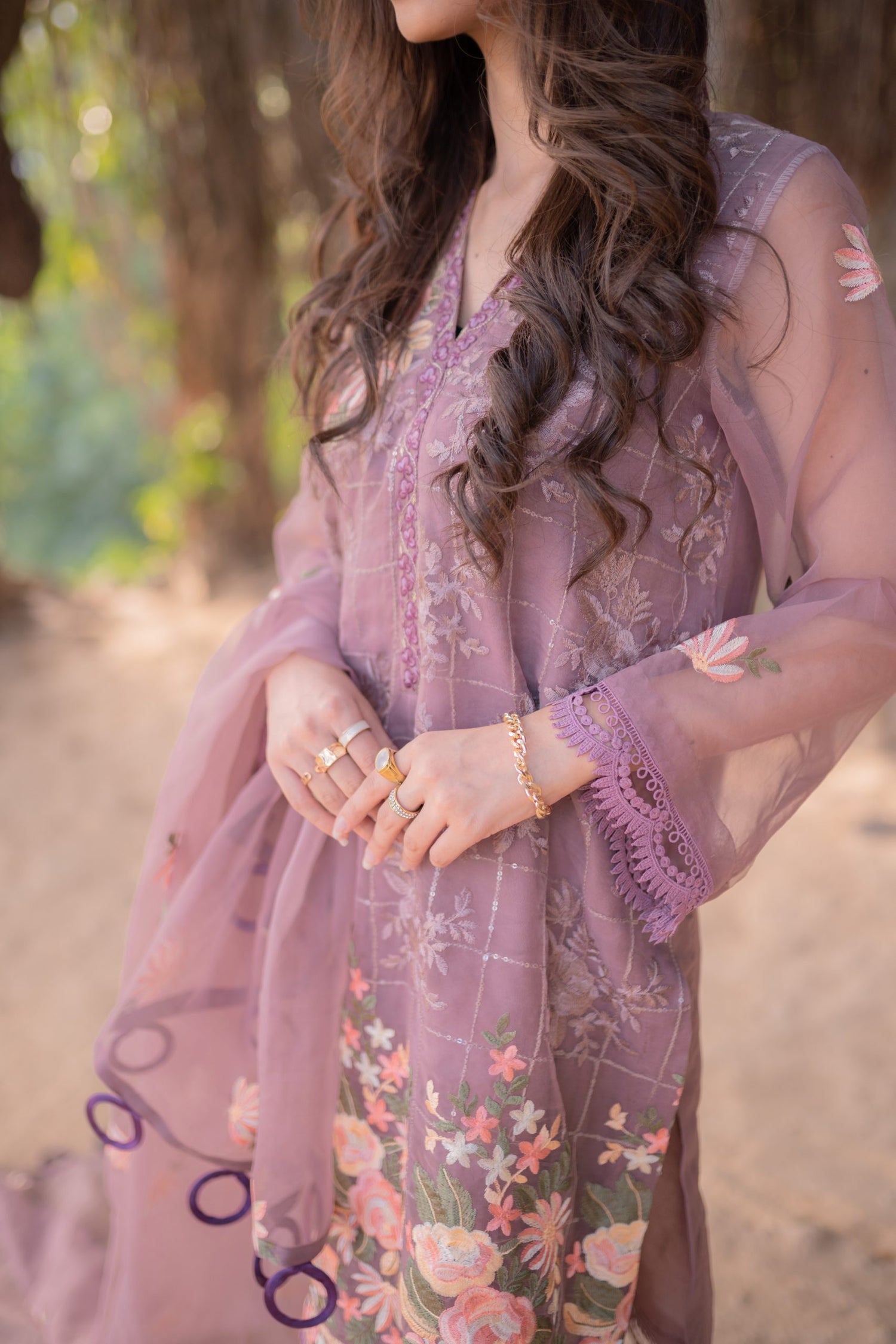 ED-03 – Mauve Purple Floral Embroidered Organza 3PC Suit