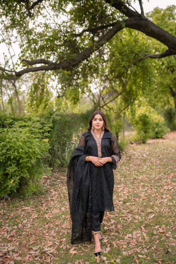 ED-05 – Black Cotton Net Embroidered 3PC Suit with Gold Accents