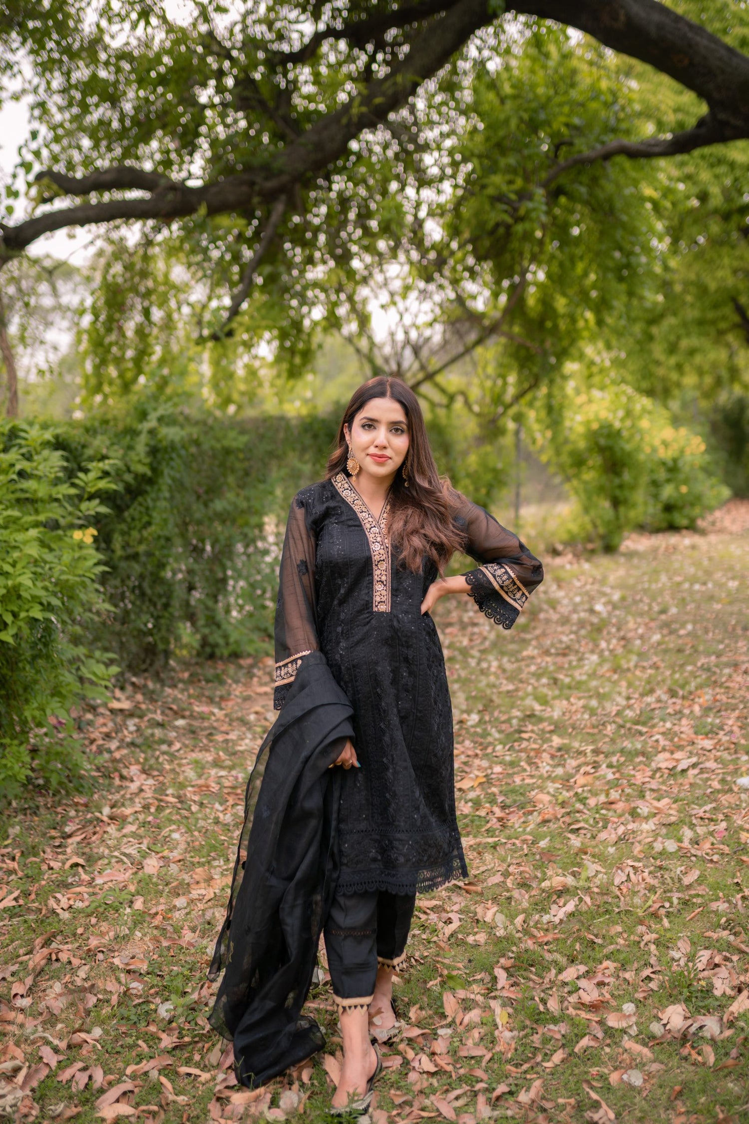 ED-05 – Black Cotton Net Embroidered 3PC Suit with Gold Accents