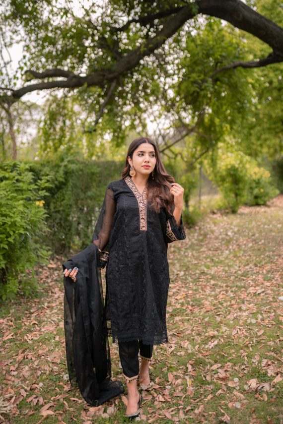 ED-05 – Black Cotton Net Embroidered 3PC Suit with Gold Accents