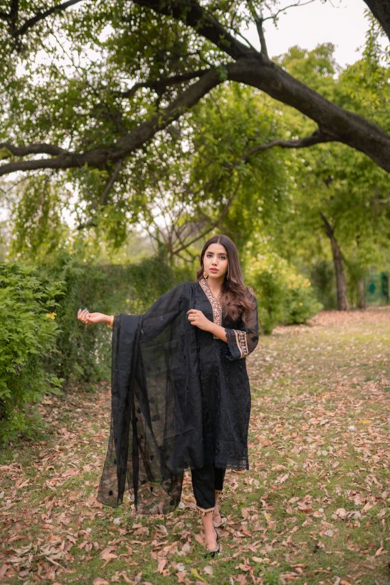 ED-05 – Black Cotton Net Embroidered 3PC Suit with Gold Accents