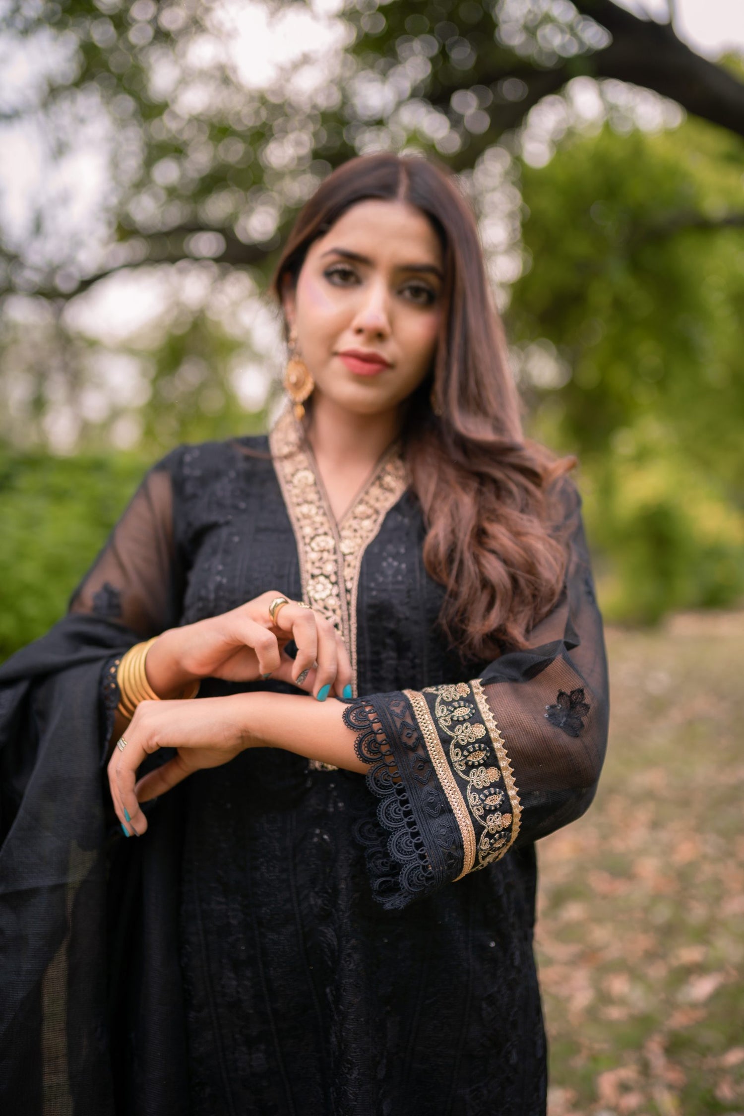 ED-05 – Black Cotton Net Embroidered 3PC Suit with Gold Accents