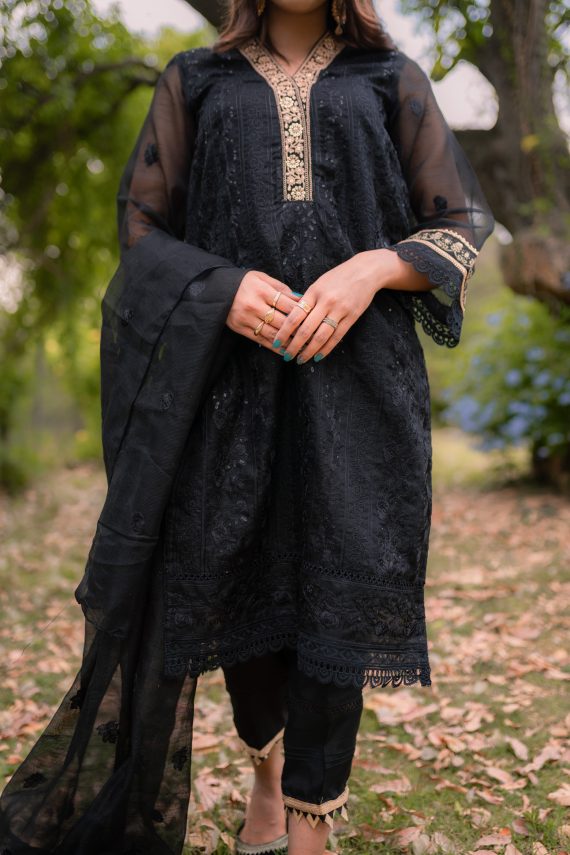 ED-05 – Black Cotton Net Embroidered 3PC Suit with Gold Accents