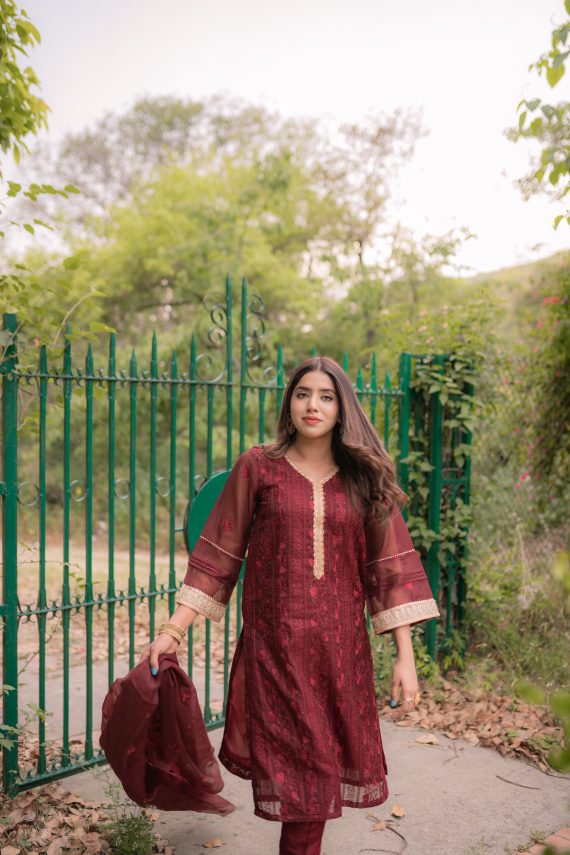 ED-06 – Embroidered Maroon Cotton Net Embroidered 3PC Suit