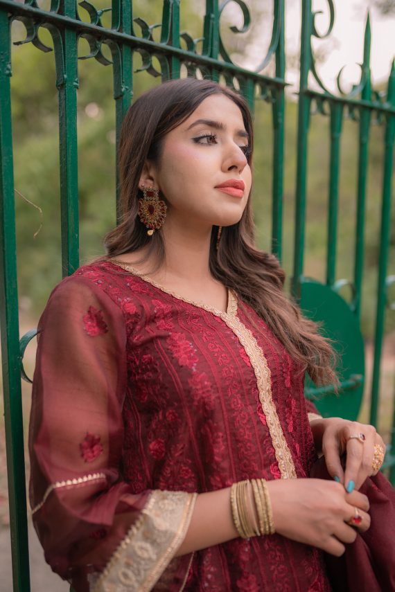 ED-06 – Embroidered Maroon Cotton Net Embroidered 3PC Suit