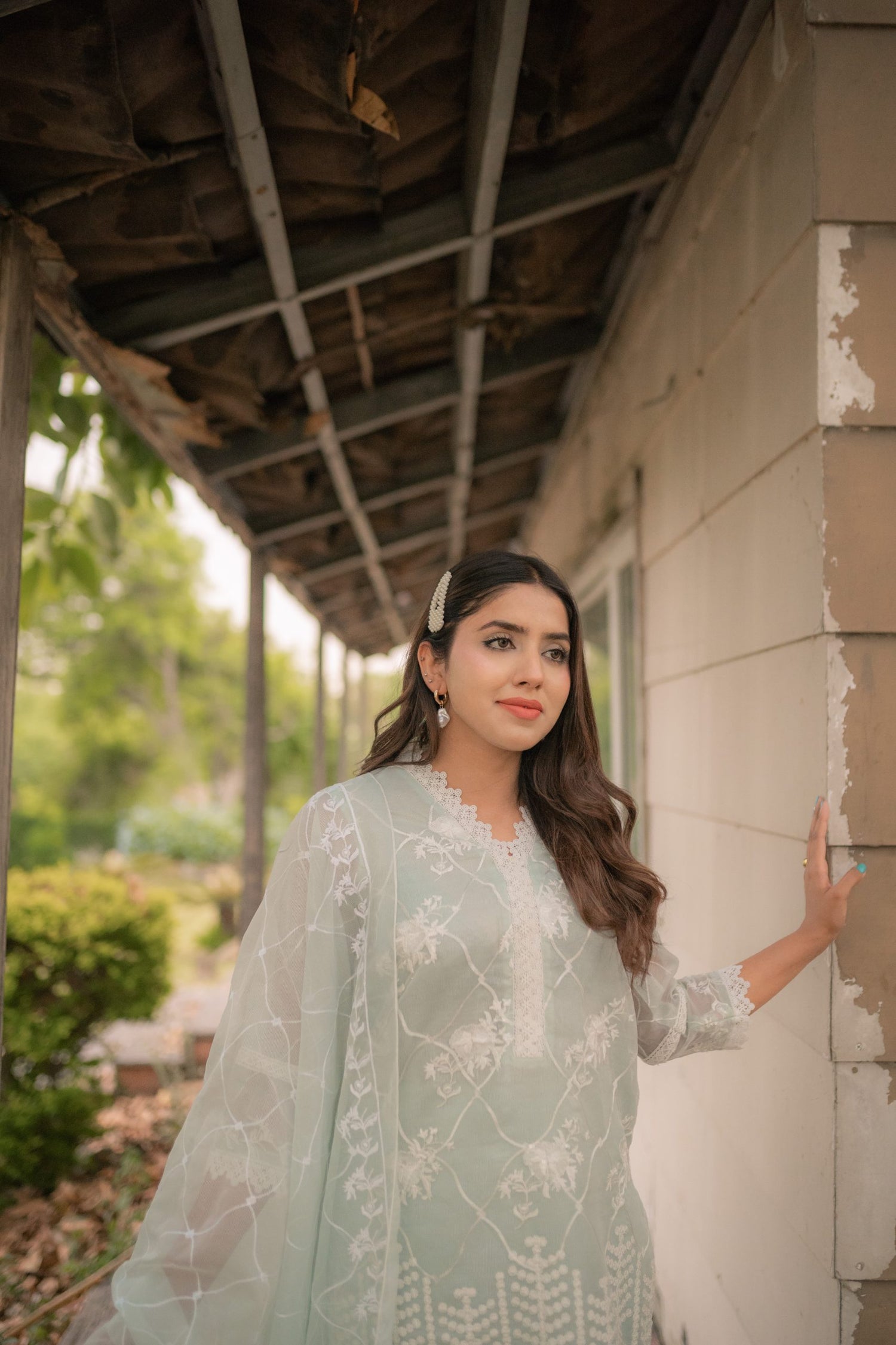 ED-08 – Ice Blue Embroidered Cotton Net 3-Piece Suit