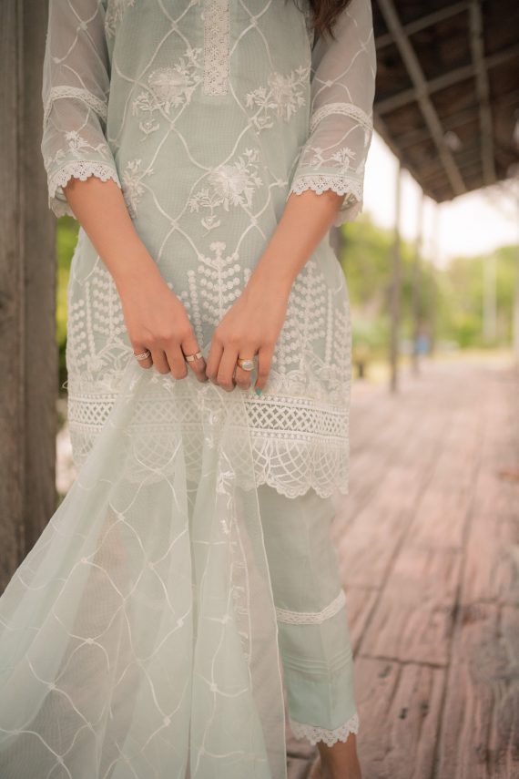 ED-08 – Ice Blue Embroidered Cotton Net 3-Piece Suit