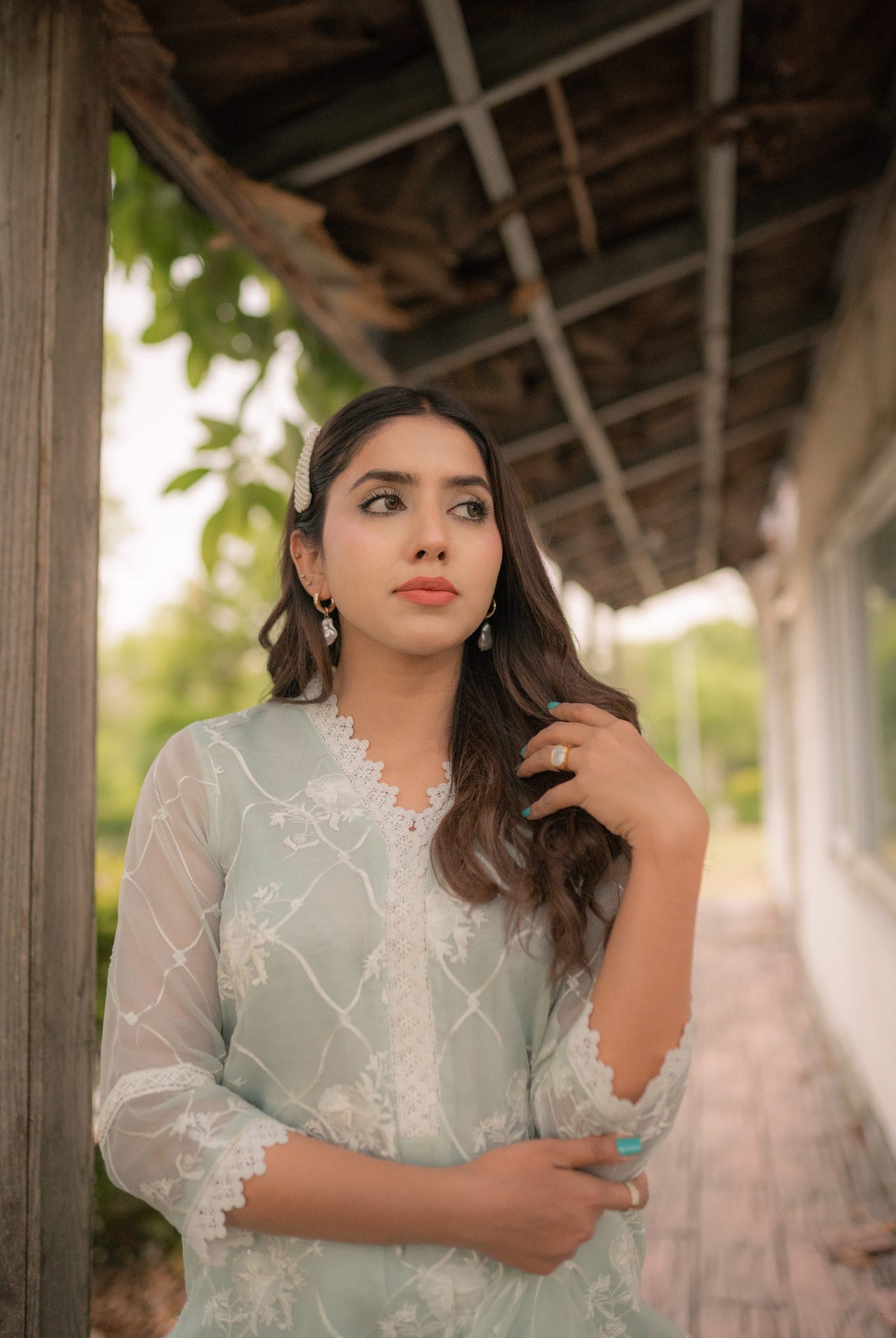 ED-08 – Ice Blue Embroidered Cotton Net 3-Piece Suit