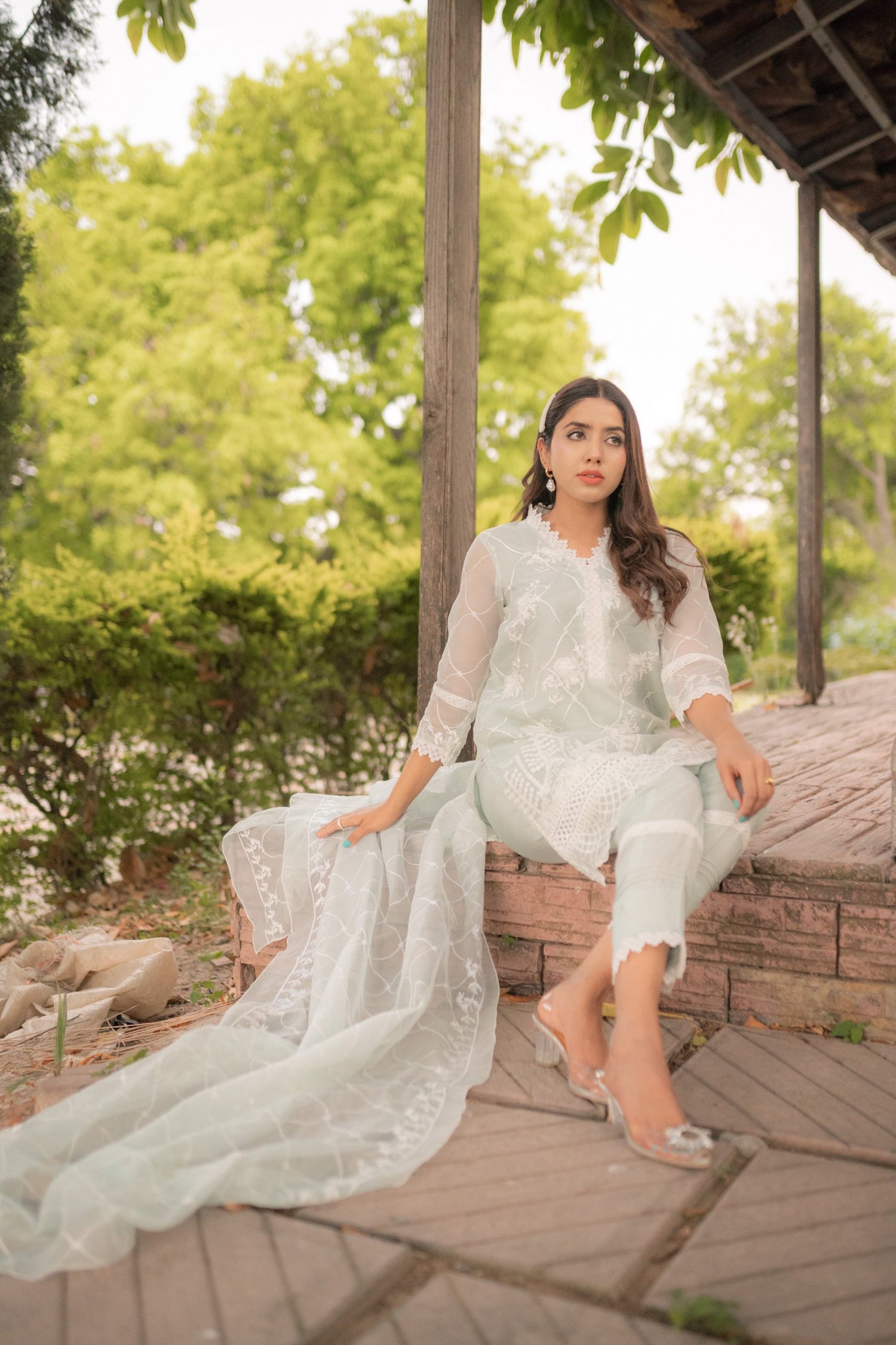 ED-08 – Ice Blue Embroidered Cotton Net 3-Piece Suit