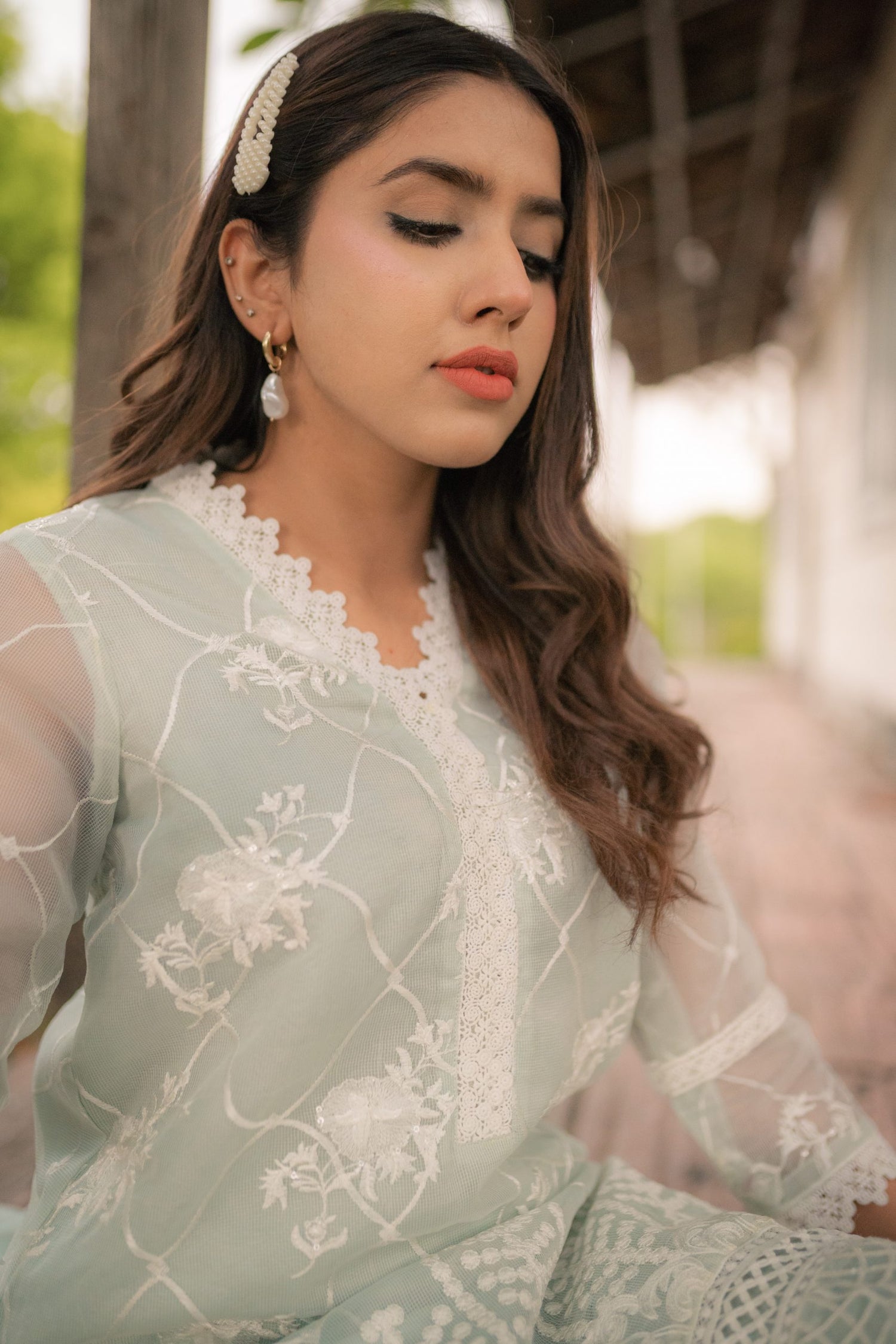 ED-08 – Ice Blue Embroidered Cotton Net 3-Piece Suit