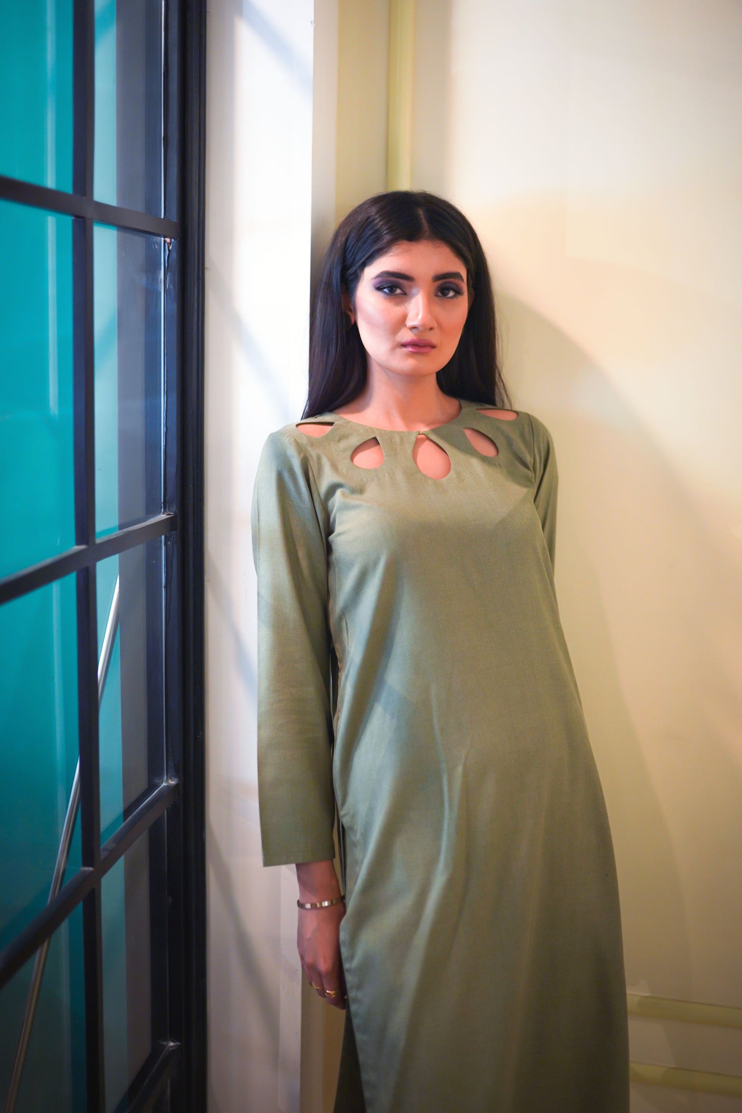 SD-12 Olive Green Matching separate with cut work neckline