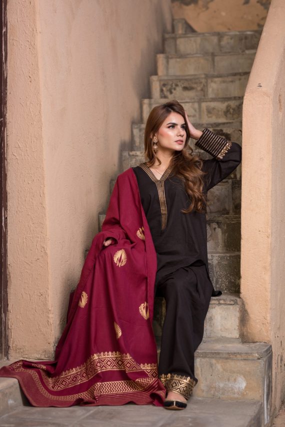 KD-03 Black Suit with Cherry Maroon Shawl