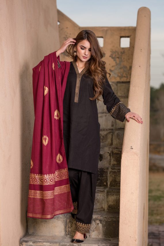 KD-03 Black Suit with Cherry Maroon Shawl