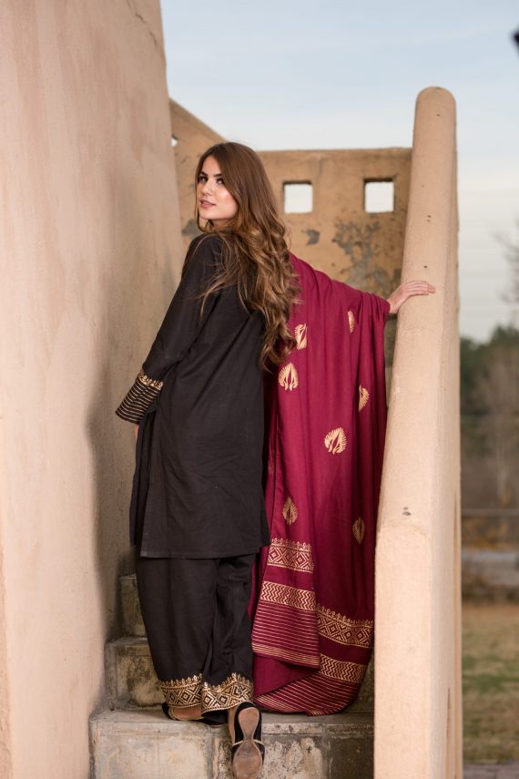 KD-03 Black Suit with Cherry Maroon Shawl
