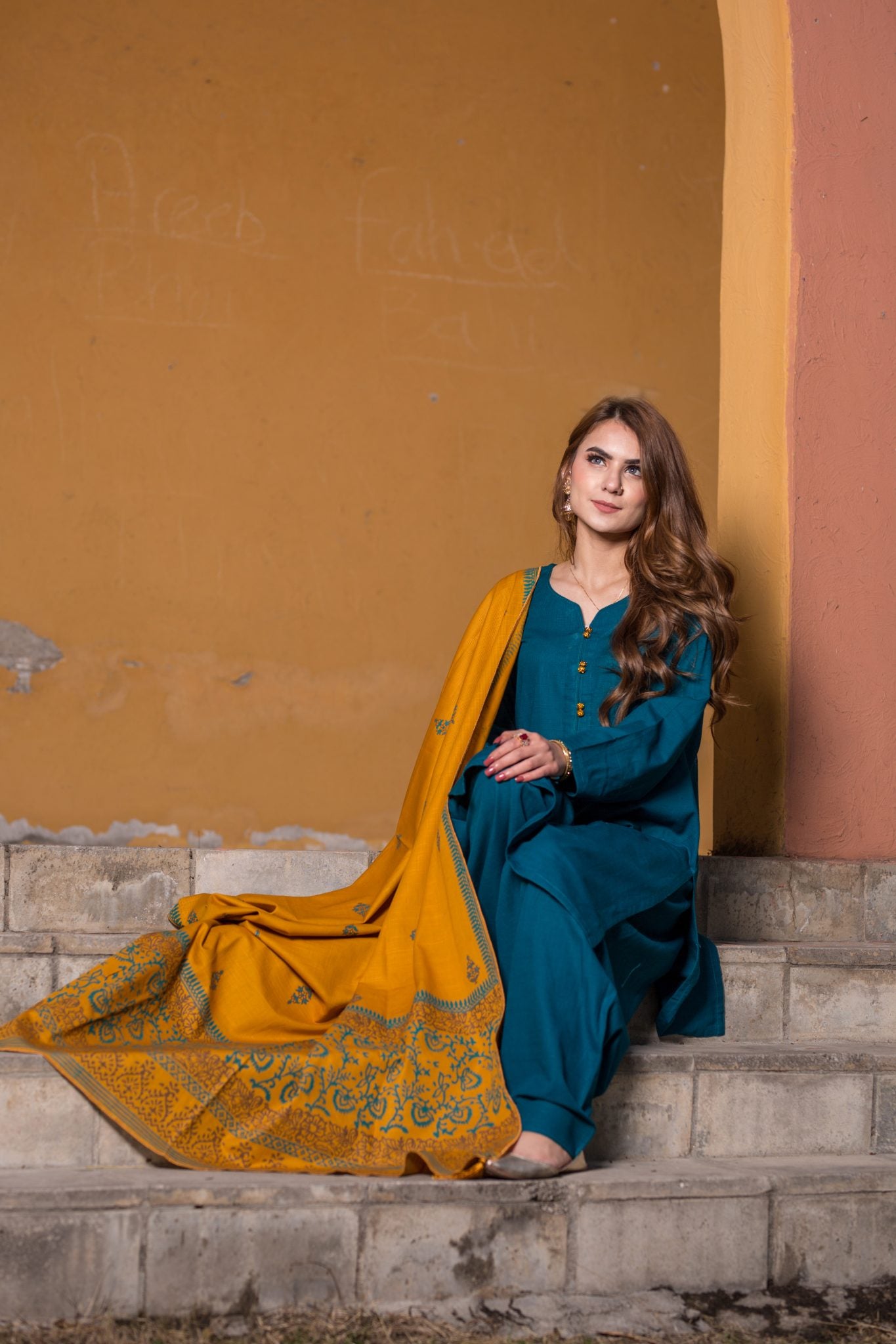 KD-02 Aqua Blue suit with Mustard Shawl