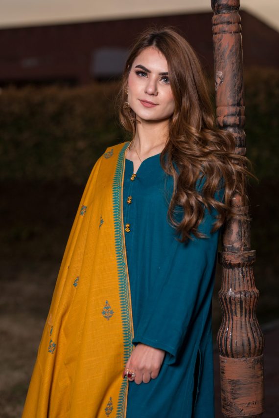 KD-02 Aqua Blue suit with Mustard Shawl