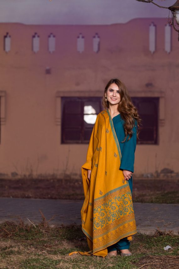 KD-02 Aqua Blue suit with Mustard Shawl