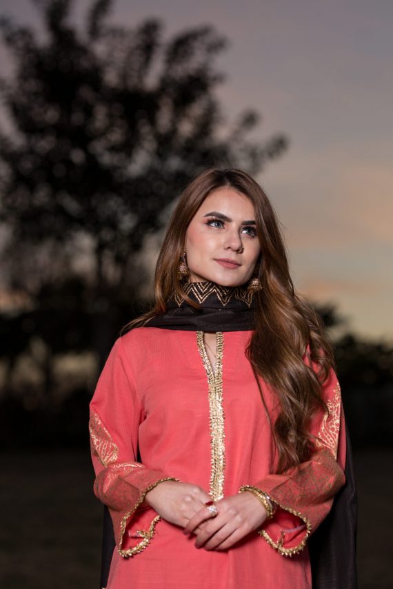 KD-04 Peach pink Suit and Black Shawl