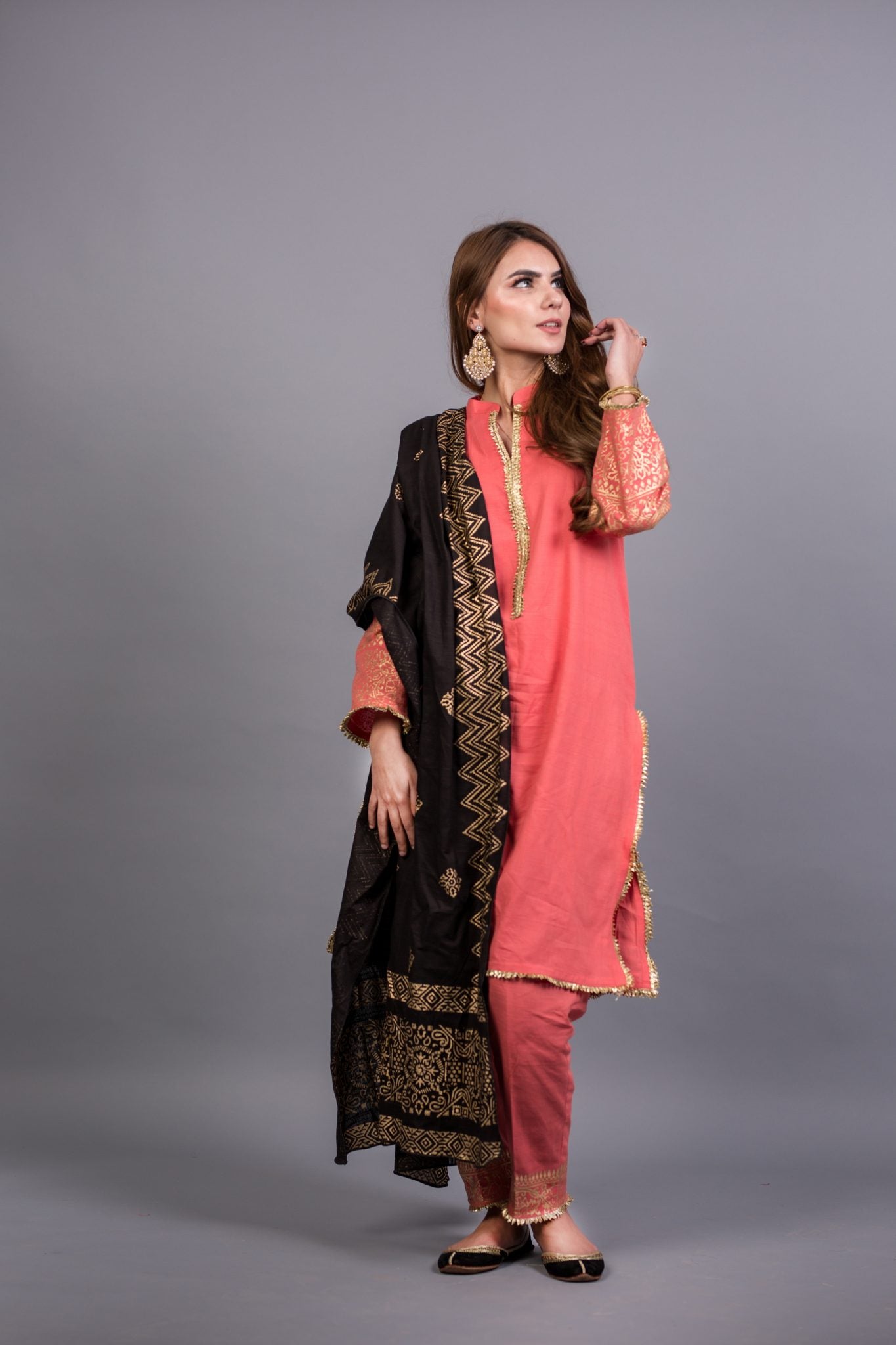 KD-04 Peach pink Suit and Black Shawl