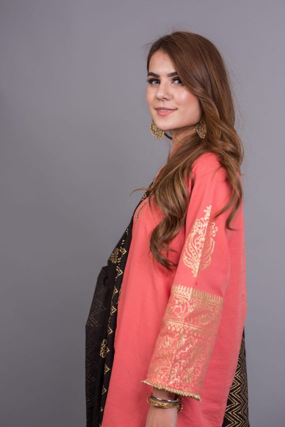 KD-04 Peach pink Suit and Black Shawl