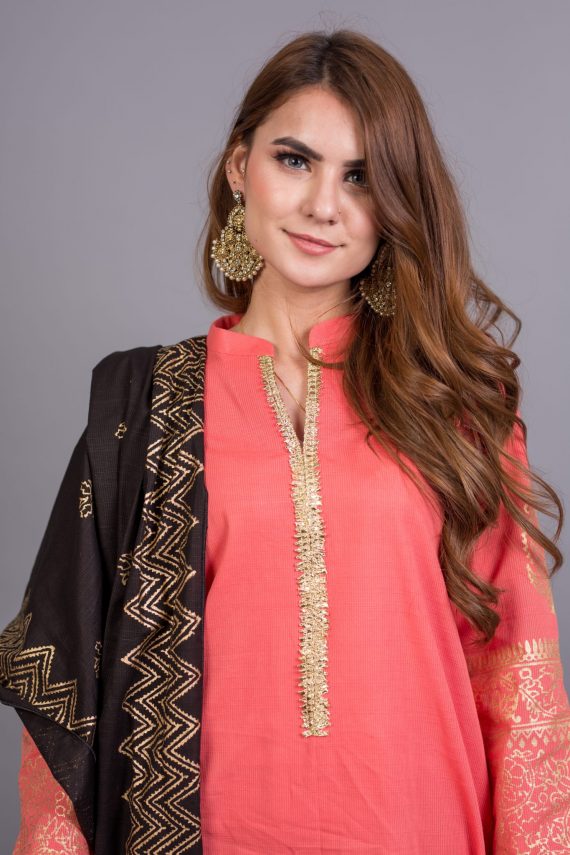 KD-04 Peach pink Suit and Black Shawl