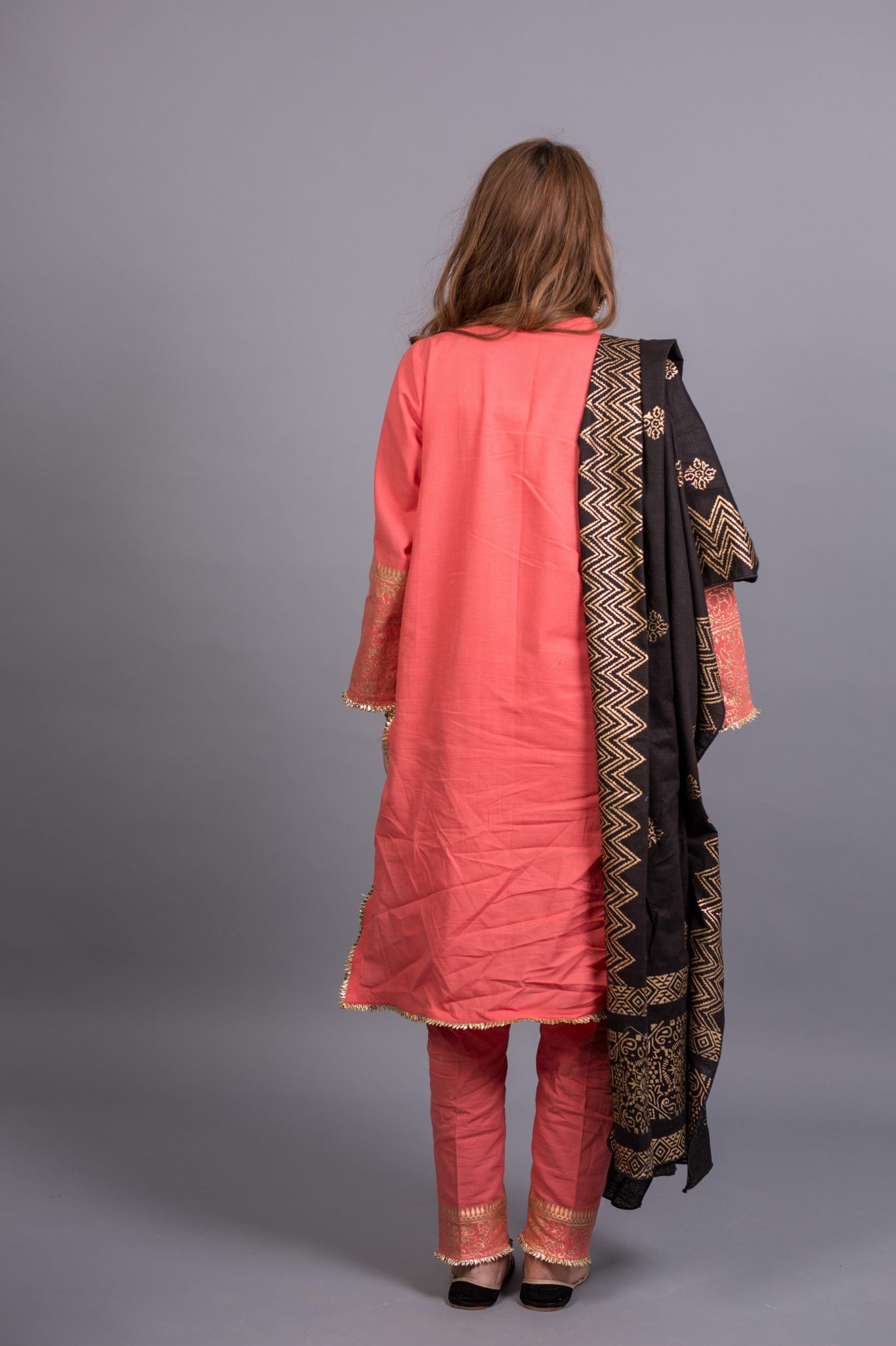 KD-04 Peach pink Suit and Black Shawl