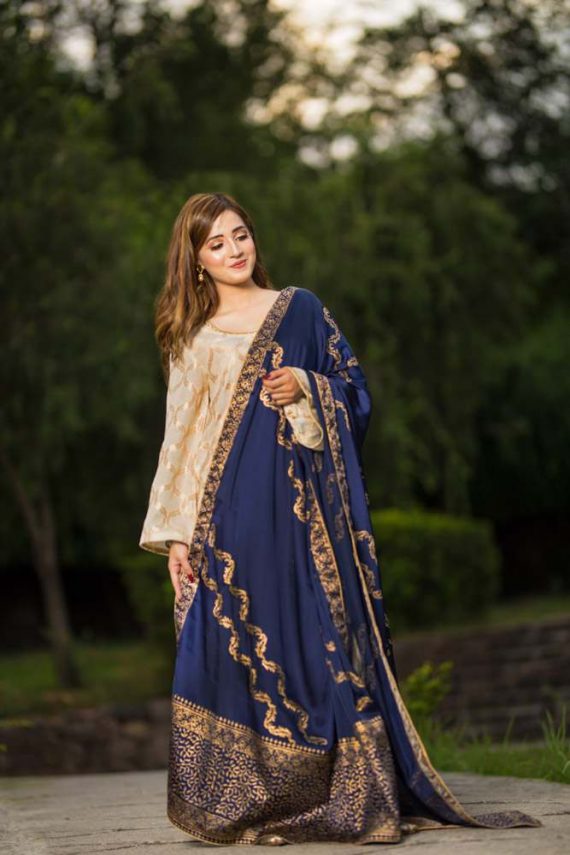 JKD-16 Navy Silk block printed duppata