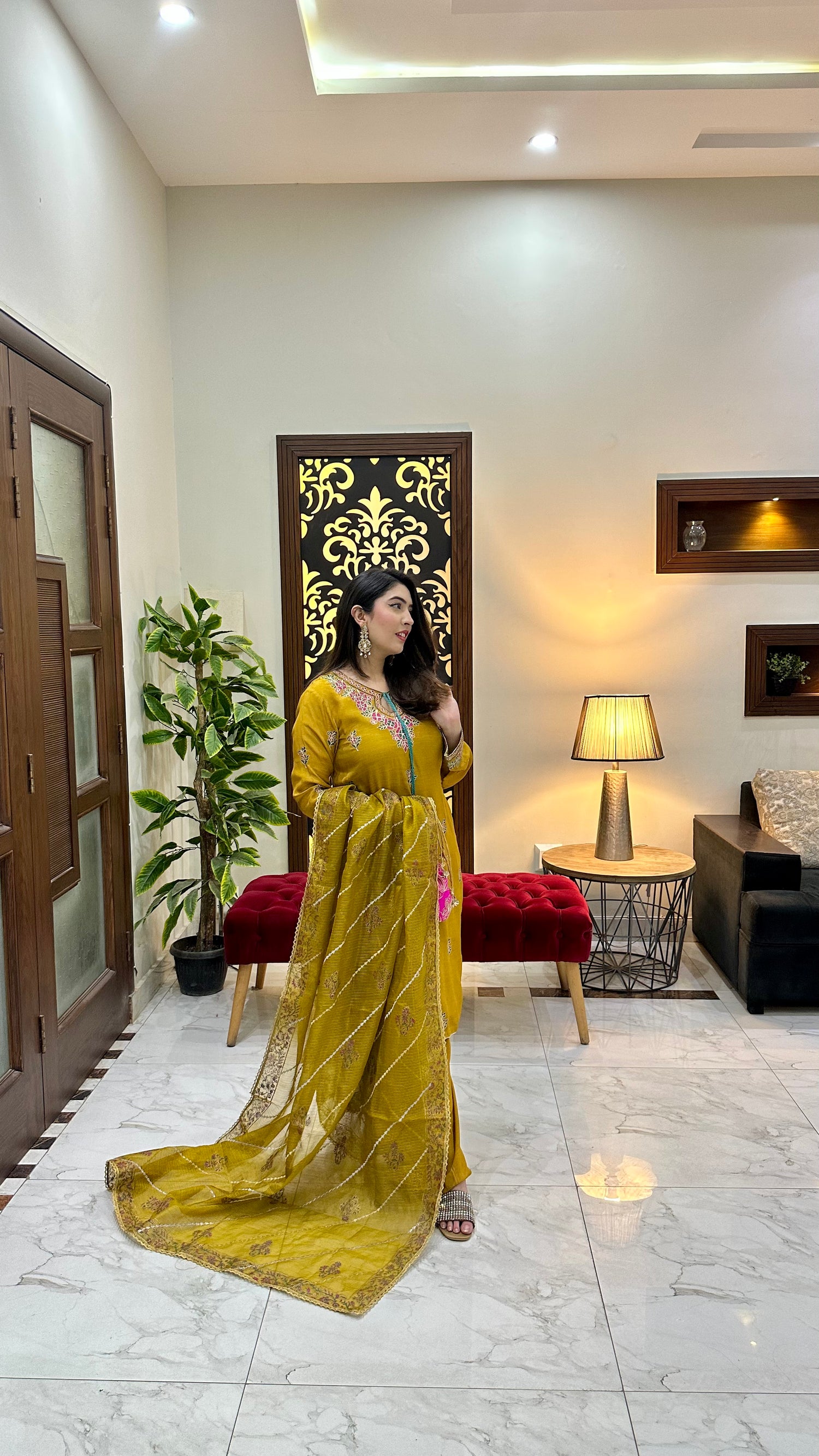 LX-20 Ari work mustard 3pc with cotton net duppata